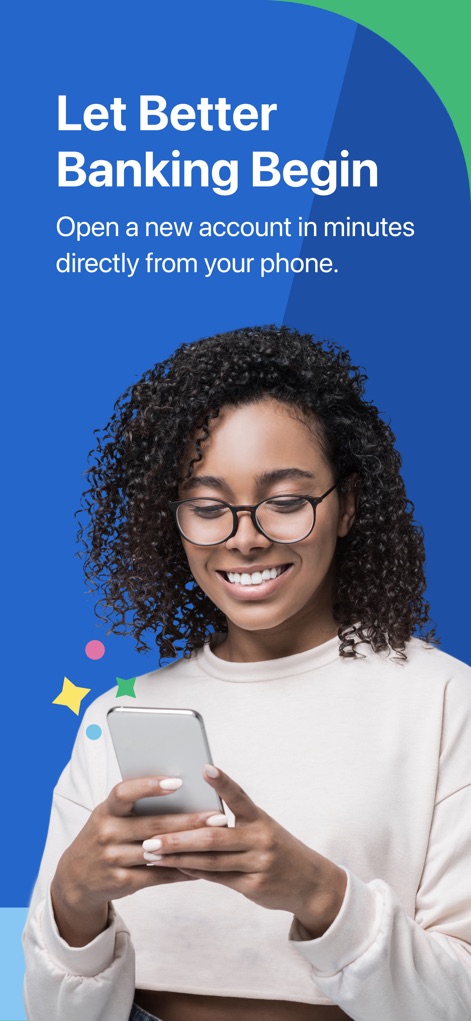 Fifth Third: 53 Mobile Banking - The app promotes an accessible entry point to banking services, featuring a user happily interacting with a smartphone and the inviting slogan 'Let Better Banking Begin'.