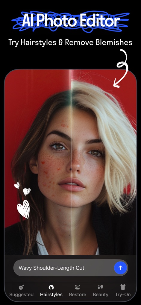 Reface: Face Edit AI Photo App - L'AI Photo Editor offre la possibilità di sperimentare radicali cambiamenti di look, come evidenziato dal confronto tra i capelli scuri originali e la nuova acconciatura bionda ondulata, insieme alla rimozione delle imperfezioni del viso.