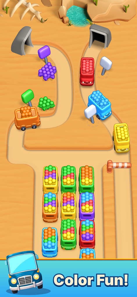 Color Bus Trip - See how Color Bus Trip presents its engaging gameplay in a desert-like environment with multiple colorful buses and their distinct passenger groups.