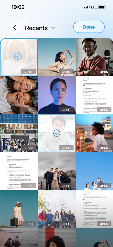 PDF Converter – Photos to PDF - Les utilisateurs bénéficient d'une interface de sélection de galerie où ils peuvent choisir plusieurs images ou documents récents, avec des cocheurs bleus indiquant les éléments déjà sélectionnés.