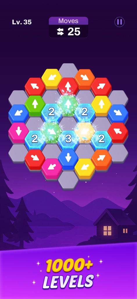 Hexout - Color Hexa Puzzle - The app presents "1000+ Levels" and introduces numbered, glowing hexa tiles, revealing the expansive and progressively challenging content available to players.