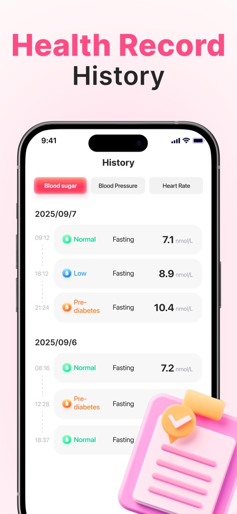 PulseGuard Ai - Users can review their complete health history through a detailed chronological list of readings, complete with status labels like 'Normal' and distinct tabs for different metrics.