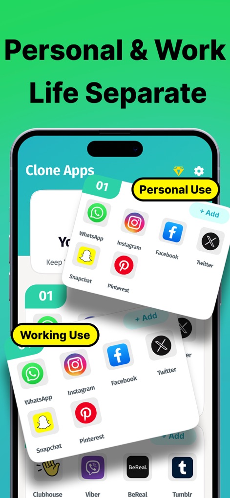 Clone Apps - Parallel Space - Witness the power of separating your digital identities with distinct "Personal Use" and "Working Use" sections, each containing dedicated sets of cloned applications for enhanced organization.