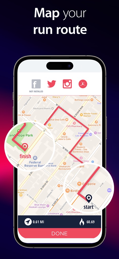 C25K® 5K Running Coach & Map - Après chaque séance, l'application permet de visualiser la carte du parcours effectué, incluant la distance totale (ex: 0.61 Mi) et les points de départ et d'arrivée.
