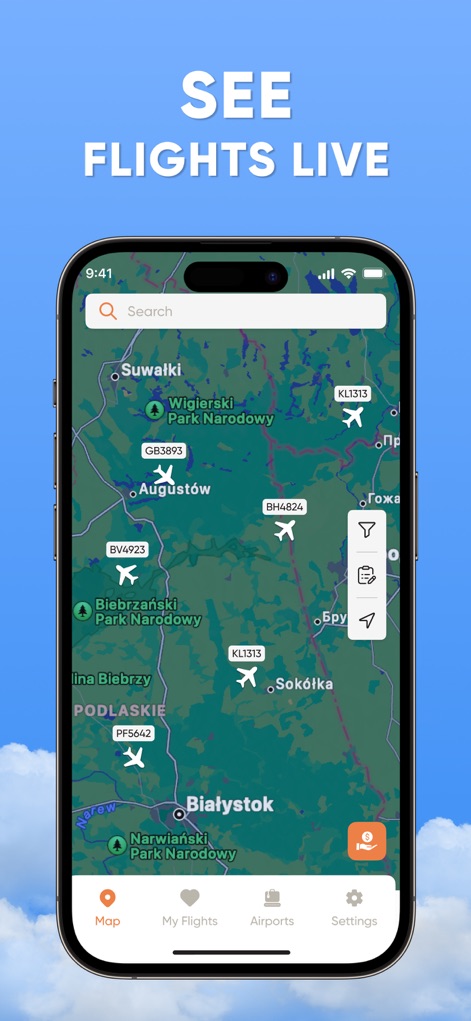 Flight Tracker: Plane Radar 24 - Los usuarios pueden observar múltiples aeronaves en movimiento sobre un mapa detallado y usar la barra de búsqueda junto con las opciones de filtro para refinar su vista.