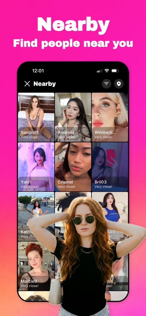 Video Dating App - Minglify - The app features a 'Nearby' interface, allowing users to discover potential connections with clear distance indicators like 'Very close!'.