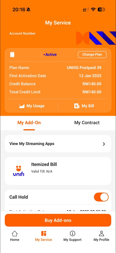 Unifi UniVerse - Esta sección muestra el "Plan Name UNISG Postpaid 39" del usuario, permitiendo visualizar la información de su plan y acceder a su "Itemized Bill" para un control detallado.