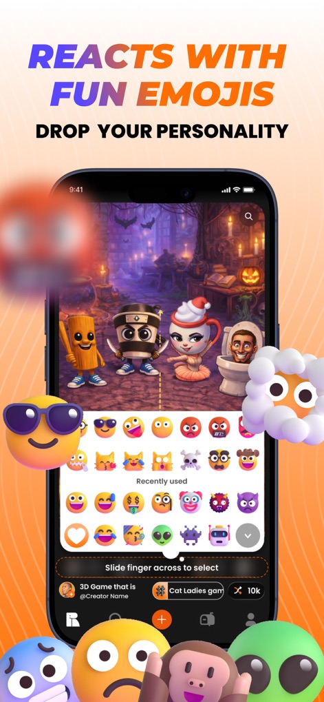 Rezona: AI Game Maker - This screenshot highlights the vibrant emoji reaction interface, offering a diverse selection of popular emojis for users to instantly express their personality and feelings about games.