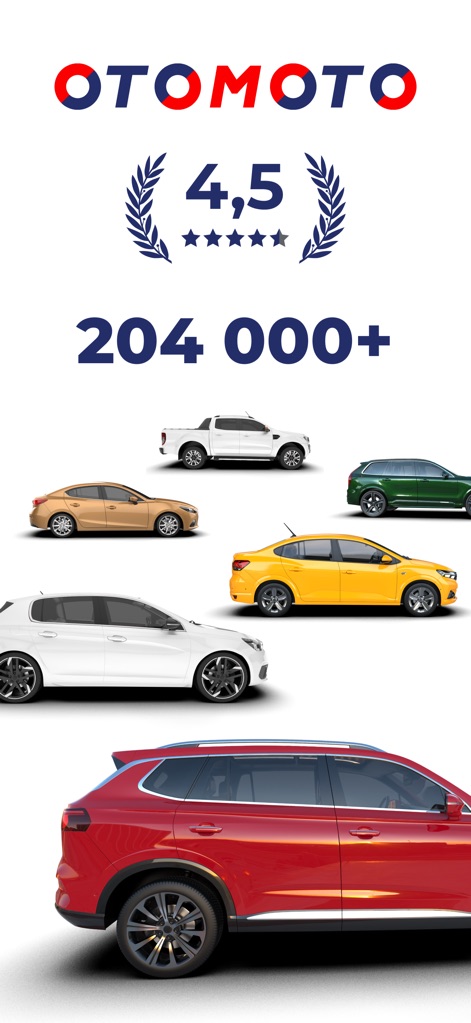 OTOMOTO.pl: Car Marketplace - The app showcases its strong market presence with a 4.5-star user rating and a vast inventory of over 204,000 listed vehicles.