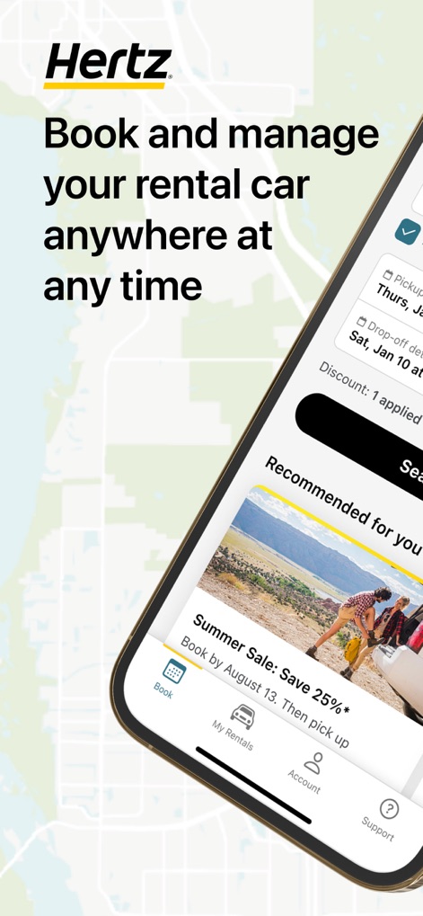 Hertz Rental Car, SUV, Van - See how the app presents the main booking interface and the convenient bottom navigation bar for quick access to features.