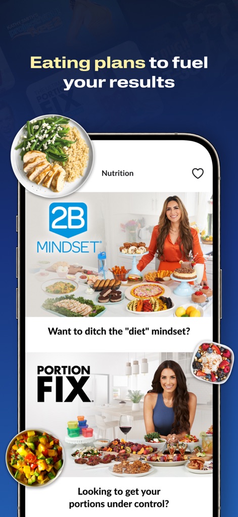 BODi by Beachbody Home Fitness - La aplicación ofrece planes de nutrición especializados como '2B Mindset' y 'Portion Fix', presentados con imágenes de comidas saludables y sus respectivas expertas, apoyando una alimentación consciente.