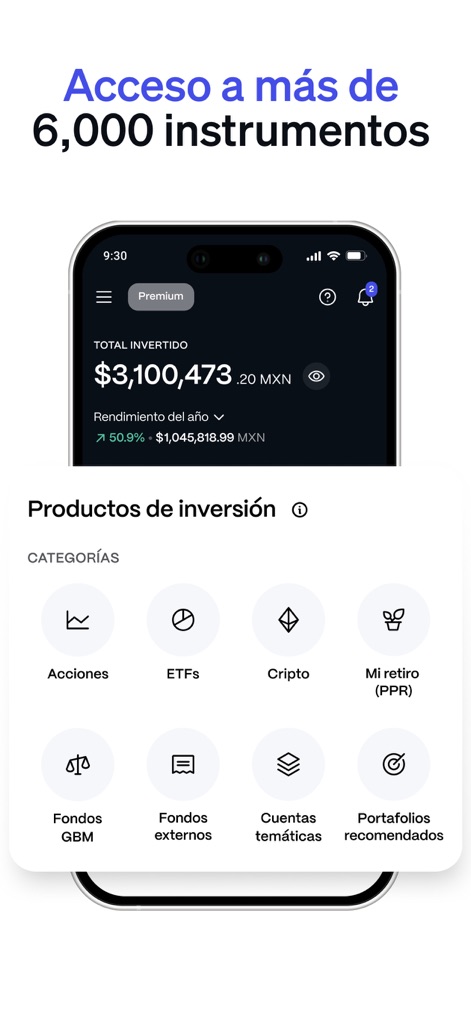 GBM - Esta herramienta facilita el acceso a una amplia gama de oportunidades, exhibiendo diversas "CATEGORÍAS" de inversión, desde "Acciones" y "ETFs" hasta opciones especializadas.