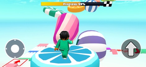 Prison Blox: Obby 3D Parkour - Notice the smooth controls for navigation and the whimsical candy-themed platforms that create a playful challenge.