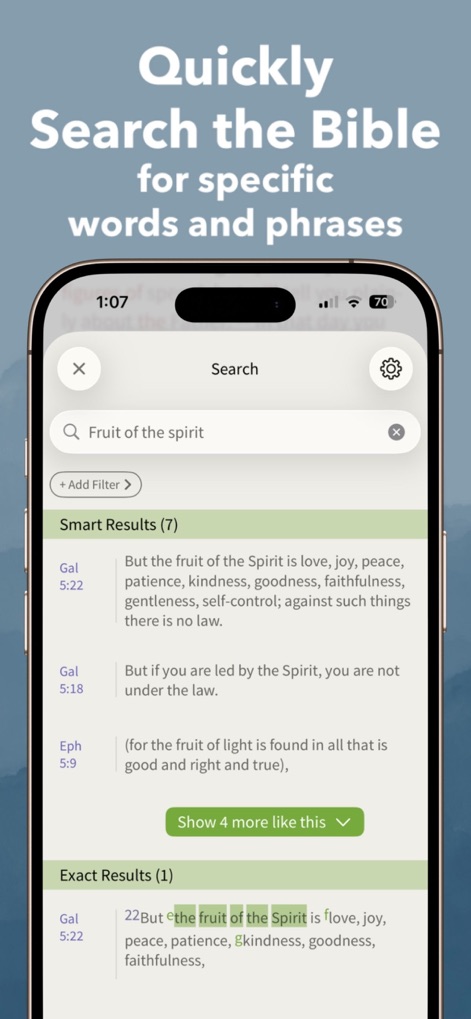 NIV Bible App + - This tool offers an efficient search function, presenting categorized results as 'Smart Results' and 'Exact Results' for specific words and phrases.