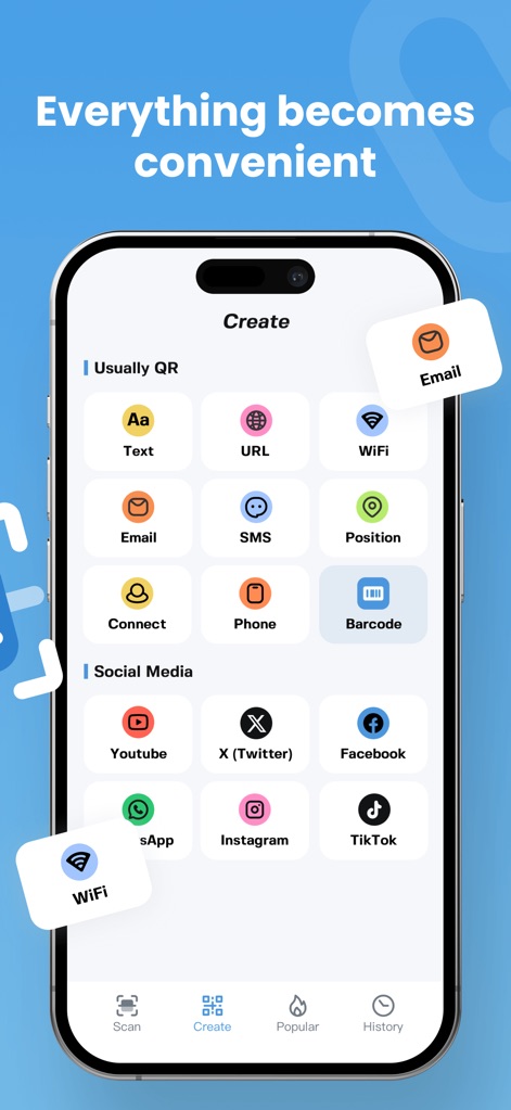 QR Master - Creator - La interfaz de creación de la aplicación ofrece a los usuarios una selección extensa de tipos de QR, desde compartir URL hasta generar códigos para redes sociales como Instagram.