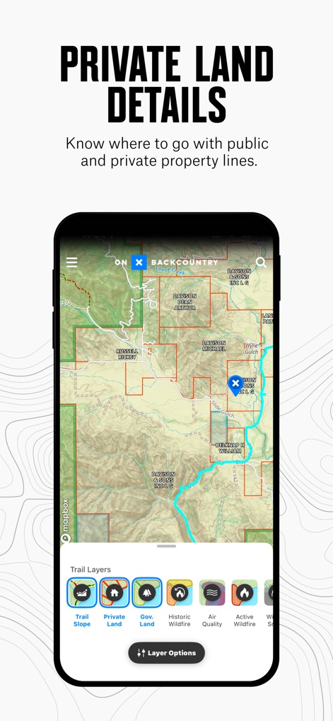 onX Backcountry: Trail GPS App - The app provides critical land ownership data, displaying distinct boundaries for private land and government land to ensure responsible outdoor activity.