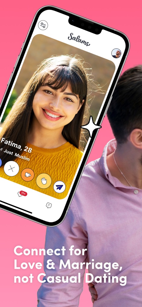 Salams: Halal Muslim Marriage - L'application met en avant des profils ciblés, tels que celui de Fatima, 28 ans et "Just Muslim", insistant sur l'établissement de relations sérieuses menant au mariage.