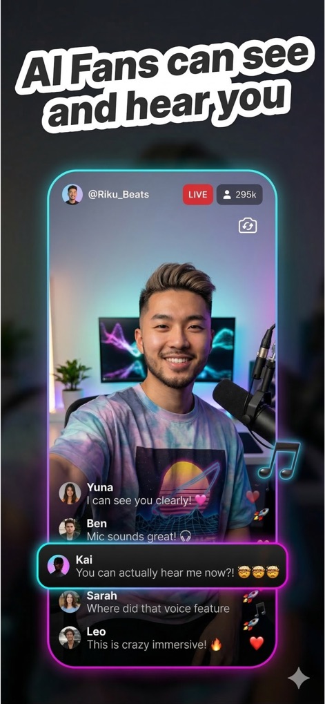 Parallel Live: Fake Live - Observe how users engage with an interactive AI audience, providing instant feedback on visual clarity and audio quality through simulated comments.