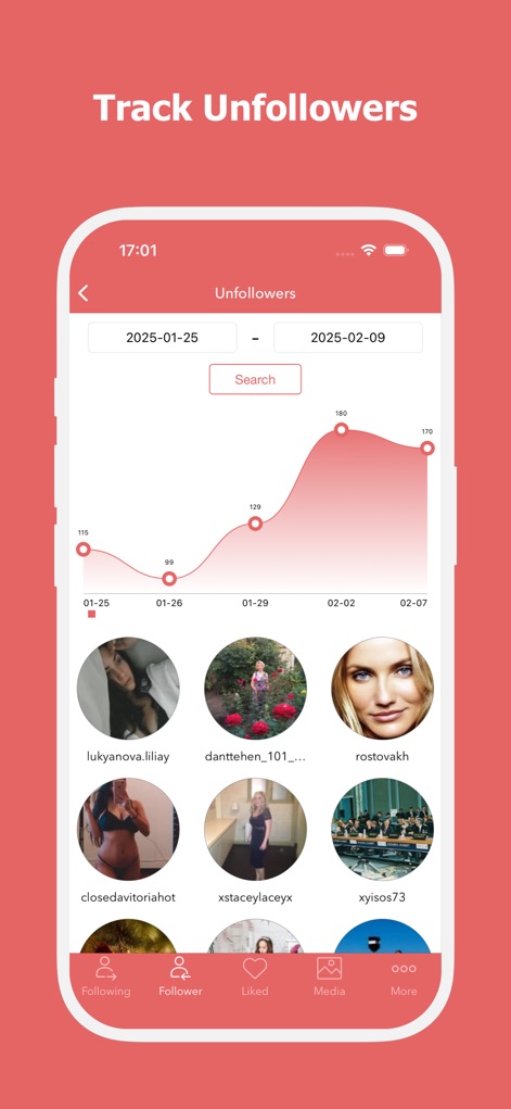 Unfollow for Instagram + - Los usuarios pueden visualizar tendencias de unfollowers mediante un gráfico de líneas detallado y una selección de rango de fechas, complementado con perfiles de usuarios debajo.