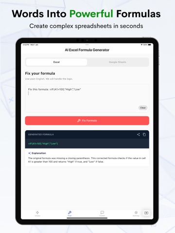 AI Excel Formula Generator iPad screenshot