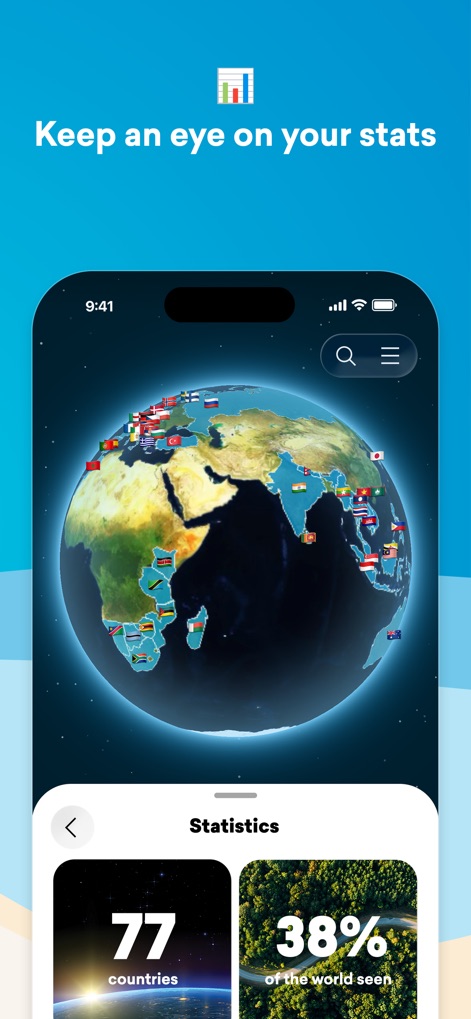 FindPenguins: Travel Tracker - This visual demonstrates the comprehensive statistics tracking feature, allowing users to view their global coverage on an interactive globe and personal travel milestones.