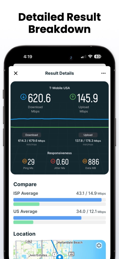 Speed Test SpeedSmart Internet - Gain a deeper understanding of network performance with detailed breakdowns including download and upload min/max values, and comparisons against ISP and national averages.