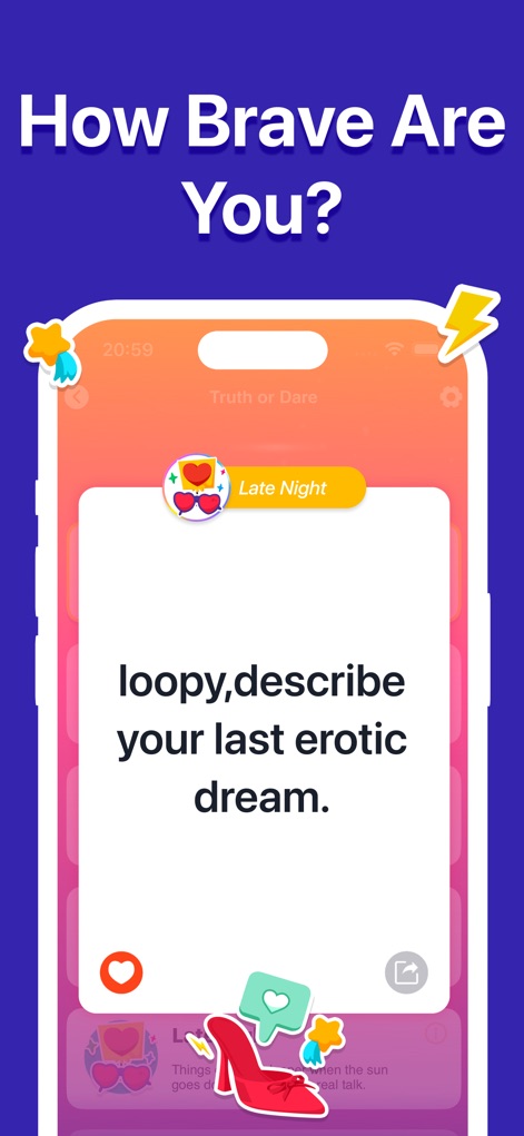 Truth or Dare?Spicy Dirty game - Viene mostrata una sfida "Late Night" che stimola la conversazione con domande come "loopy, describe your last erotic dream", rafforzata da icone suggestive come un fulmine e una scarpa col tacco.