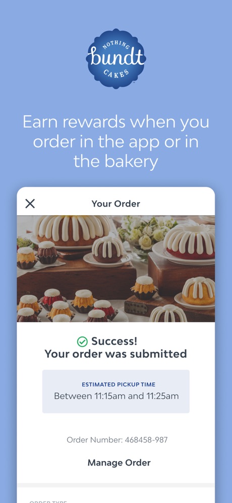 Nothing Bundt Cakes App Store screenshot 3, headline “Earn rewards when you order in the app or in the bakery”. Headline over eight words.
