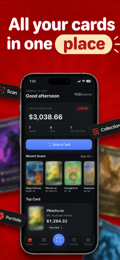 TCG Value Scanner home screen with recent scans and collection value