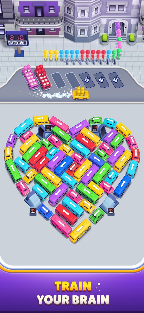 Bus Out - The app presents creative puzzle formations, like buses meticulously arranged in a heart shape, challenging users with unique spatial logic.
