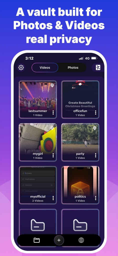 Private Photo & Video Lock - 本アプリは、上部の明確な「Videos」と「Photos」タブ表示により、ユーザーがメディアタイプ別にコンテンツを整理し、フォルダ形式で管理できる視覚的な構成を提供します。