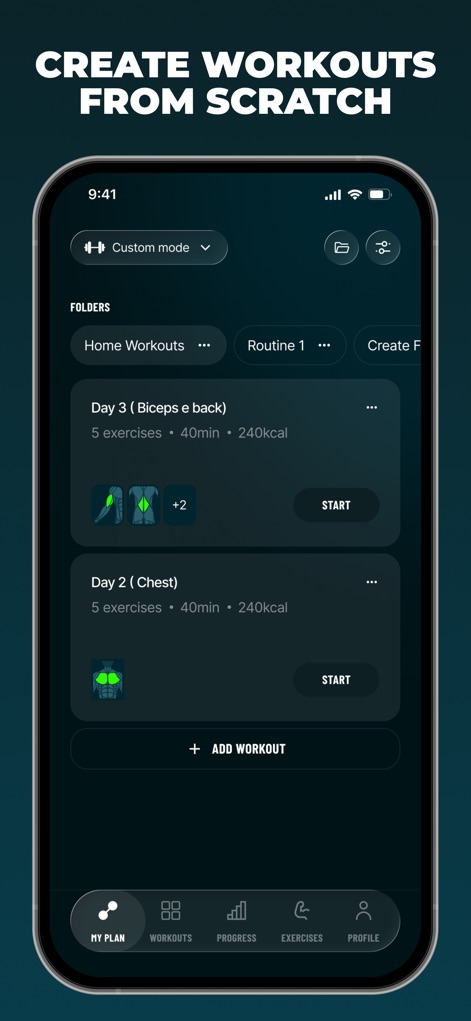 Befit: Gym & Home Workout Plan - This tool empowers users to create custom workouts from scratch using a 'Custom mode' dropdown and organize them into specific folders like 'Home Workouts'.