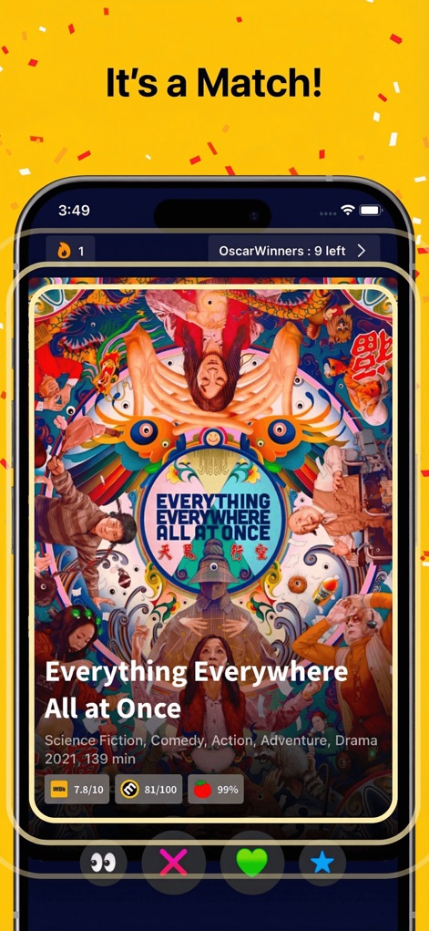 Movie Night: Film & TV Picker - A successful group match is visually celebrated with a vibrant confetti animation surrounding the detailed movie information card.