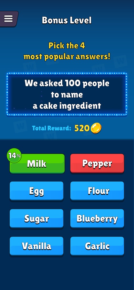 Popular Words: Family Game - The app introduces bonus levels where users select popular answers from a list, demonstrating the engaging trivia-style questions and button-based input.