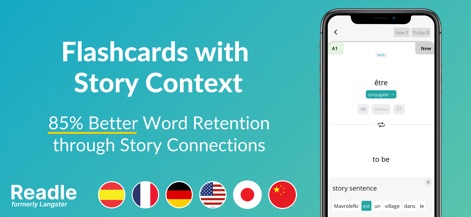 Readle: Learn Languages Daily - This specialized flashcard system integrates vocabulary with its original story sentence and offers quick conjugation links, boosting word retention through context.