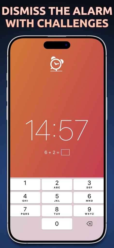 Alarm Clock App: myAlarm Clock - This feature prevents excessive snoozing by requiring users to solve a math calculation using a clear numerical keypad before dismissing the alarm.