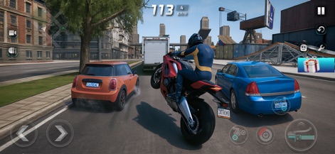 Extreme Motorcycle Simulator - Discover the dynamic stunt capabilities, showcasing a motorcycle performing a wheelie amidst varied city vehicles.