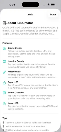 Screenshot von ICS Creator auf dem iPhone 2