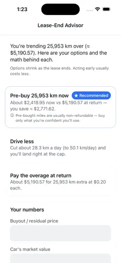 Captura de pantalla de LeasePace: Lease Mileage en iPhone 2