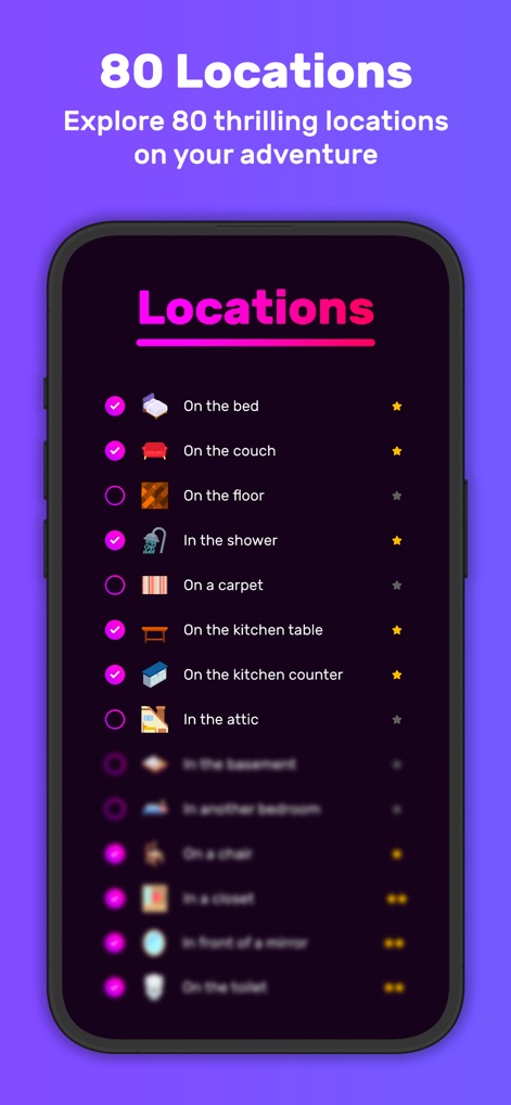 Sex Adventure: Sex Positions - The 'Location Journey' feature provides a comprehensive list of 80 unique settings, allowing users to track conquered spots with checkmarks and discover new environments for intimacy.