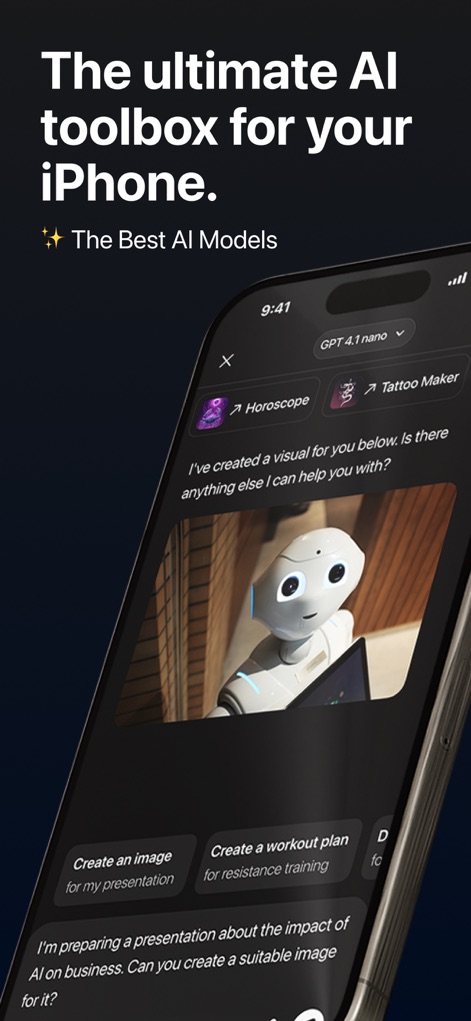 Ocean AI-Chatbot・Ask Anything - Dieses Tool präsentiert vielseitige Chat-Funktionen mit einem interaktiven Roboterbild und bietet Optionen zur Erstellung von Präsentationsbildern und Trainingsplänen.