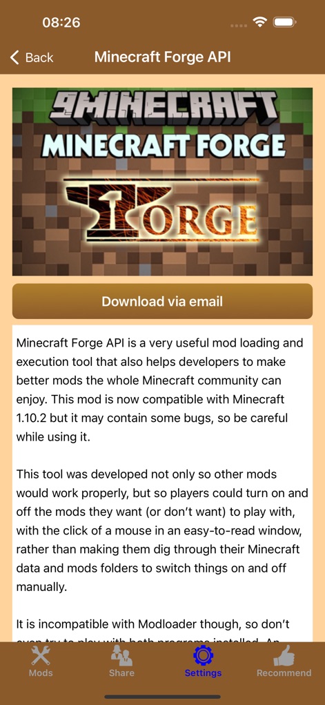 MC - Latest Furniture DLC Mods - Esta captura foca no "Minecraft Forge API", exibindo o logotipo reconhecível do Forge e uma descrição clara de sua importância como ferramenta de carregamento de mods.