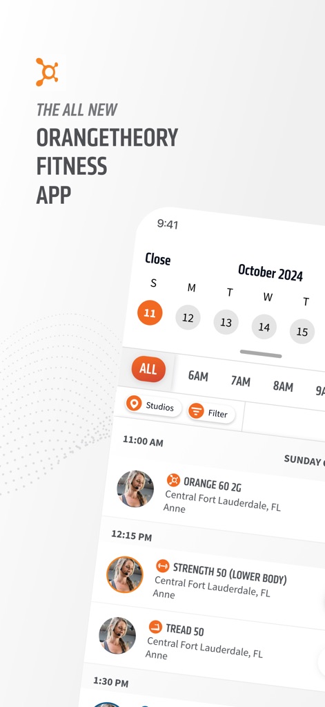 Orangetheory Fitness - La aplicación presenta un calendario interactivo que permite a los usuarios buscar y reservar clases con facilidad, mostrando fechas destacadas y la opción de aplicar filtros para refinar la búsqueda.
