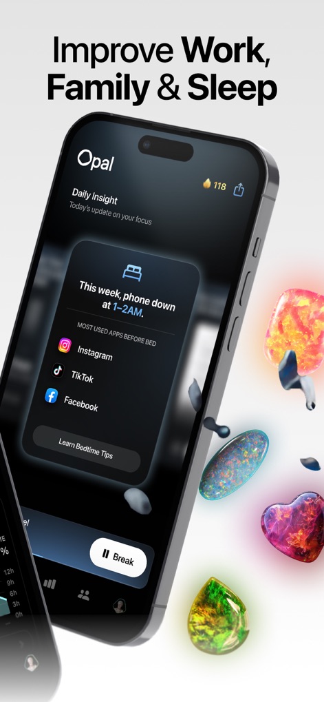 Opal: Screen Time Control - Discover daily insights into app usage before sleep and utilize the 'Break' function to step away mindfully during sessions.