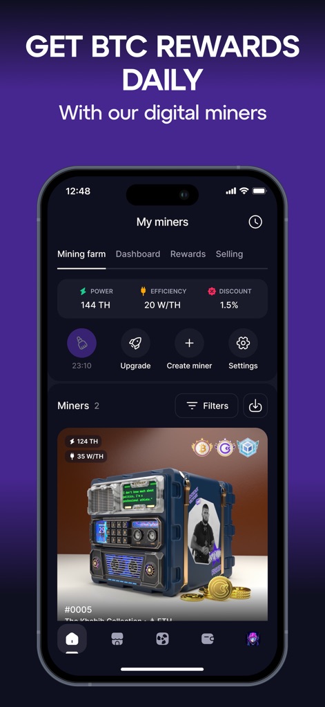 GoMining: BTC Mining & Finance - This tool provides a detailed 'Mining farm' dashboard showing key metrics like 'POWER' and 'EFFICIENCY', alongside a visual representation of users' digital miner assets.