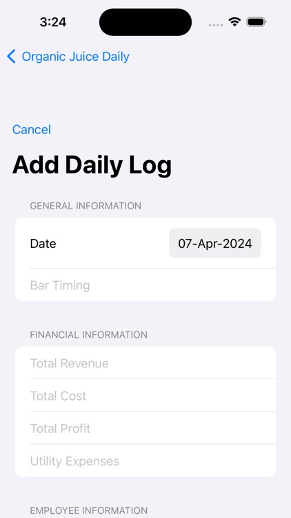 Organic Jucie Bar Daily Log