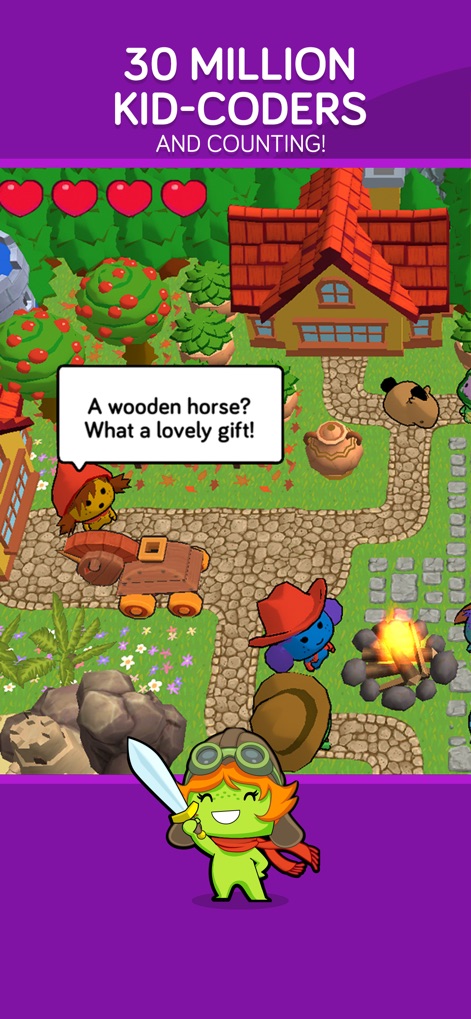 codeSpark - Coding for Kids - The vibrant scene depicts a lively world where young coders can explore and interact, highlighting the app's vast user base and the potential for imaginative play and shared experiences.