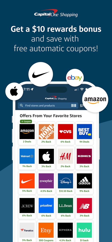 Capital One Shopping: Save Now - This initial view reveals a comprehensive "Offers From Your Favorite Stores" section, showcasing a dynamic grid of store logos alongside immediate cash back percentages, empowering users to easily find savings.