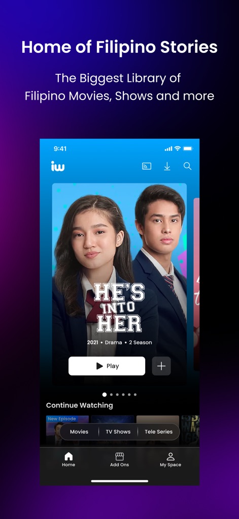 iWantTFC - The app welcomes users with a prominent hero banner showcasing "He's Into Her" and an intuitive navigation bar for easy content access.