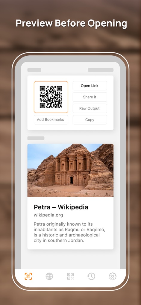 قارئ الباركود - Barcode reader - Antes de acceder al contenido, la aplicación permite una "Vista Previa" segura de los enlaces escaneados, mostrando detalles como la página de Wikipedia sobre "Petra" y opciones para "Open Link" o "Share it".